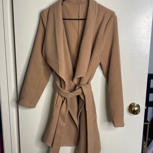 Camel drape front coat
